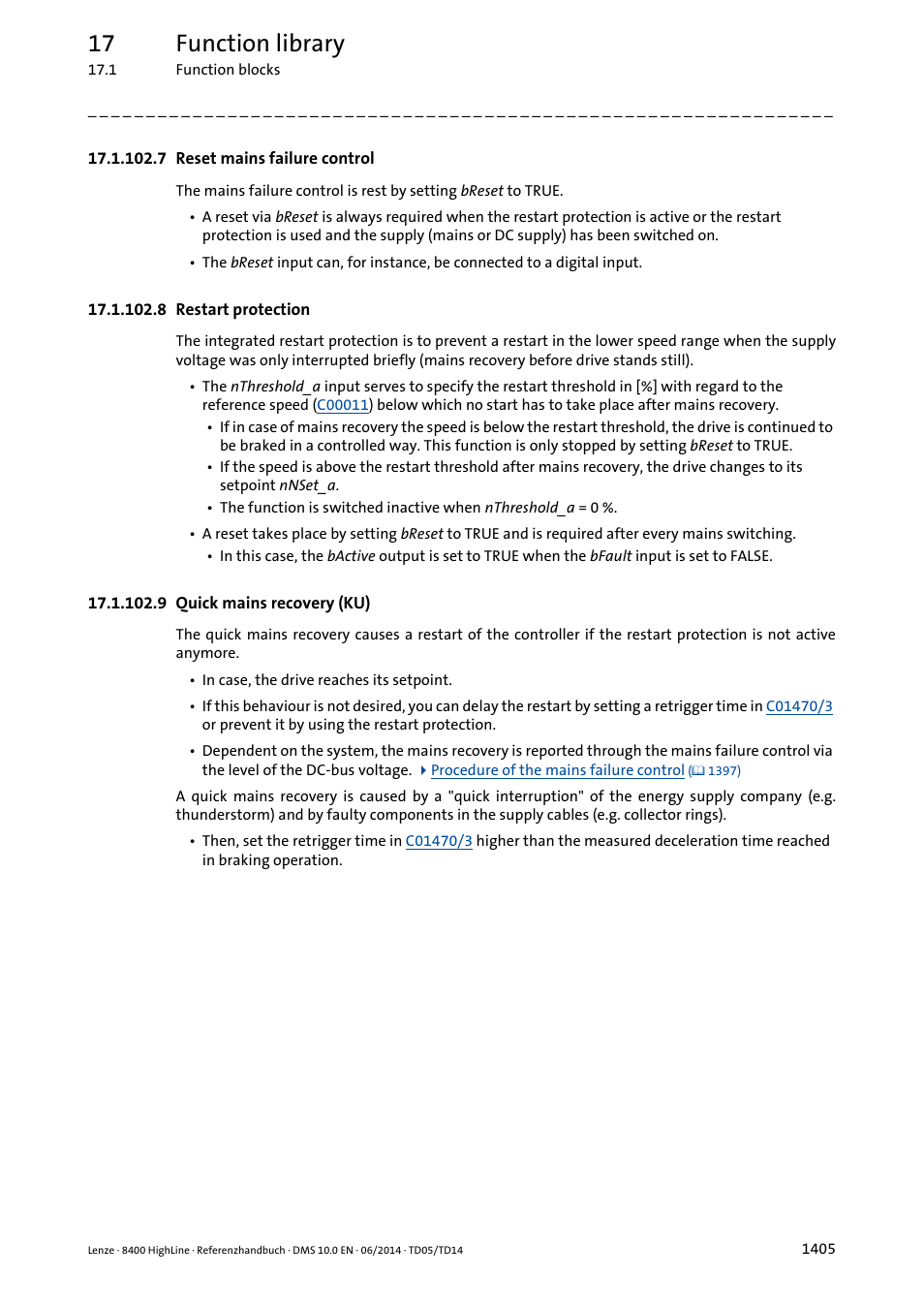 7 reset mains failure control, 8 restart protection, 9 quick mains recovery (ku) | 7 reset mains failure control 5, 8 restart protection 5, 9 quick mains recovery (ku) 5, Restart, Protection, Oint, Quick | Lenze 8400 HighLine User Manual | Page 1405 / 1576