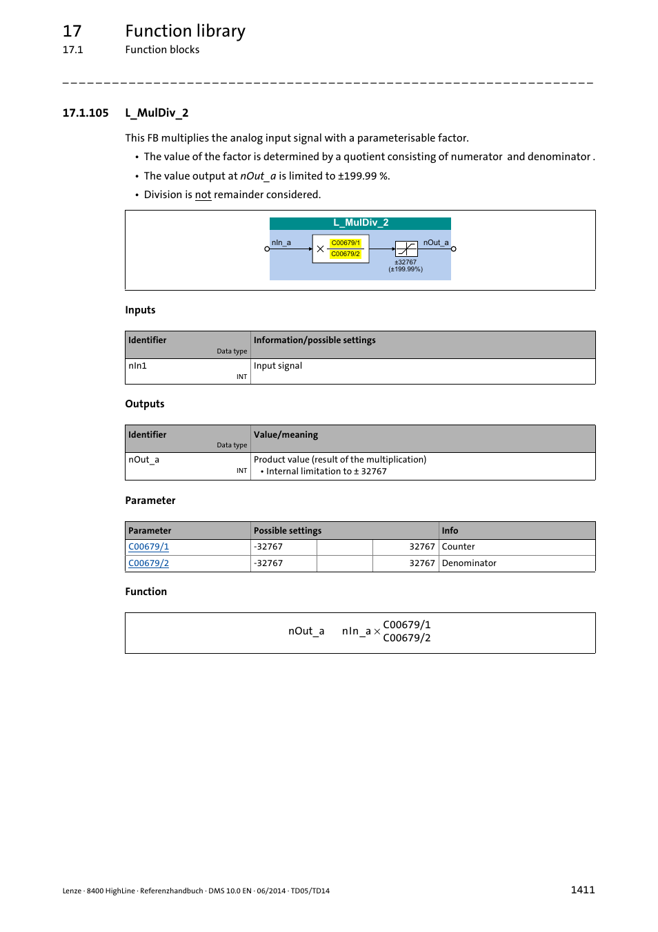 105 l_muldiv_2, 105 l_muldiv_2 1, L_muldiv_2 | 17 function library | Lenze 8400 HighLine User Manual | Page 1411 / 1576