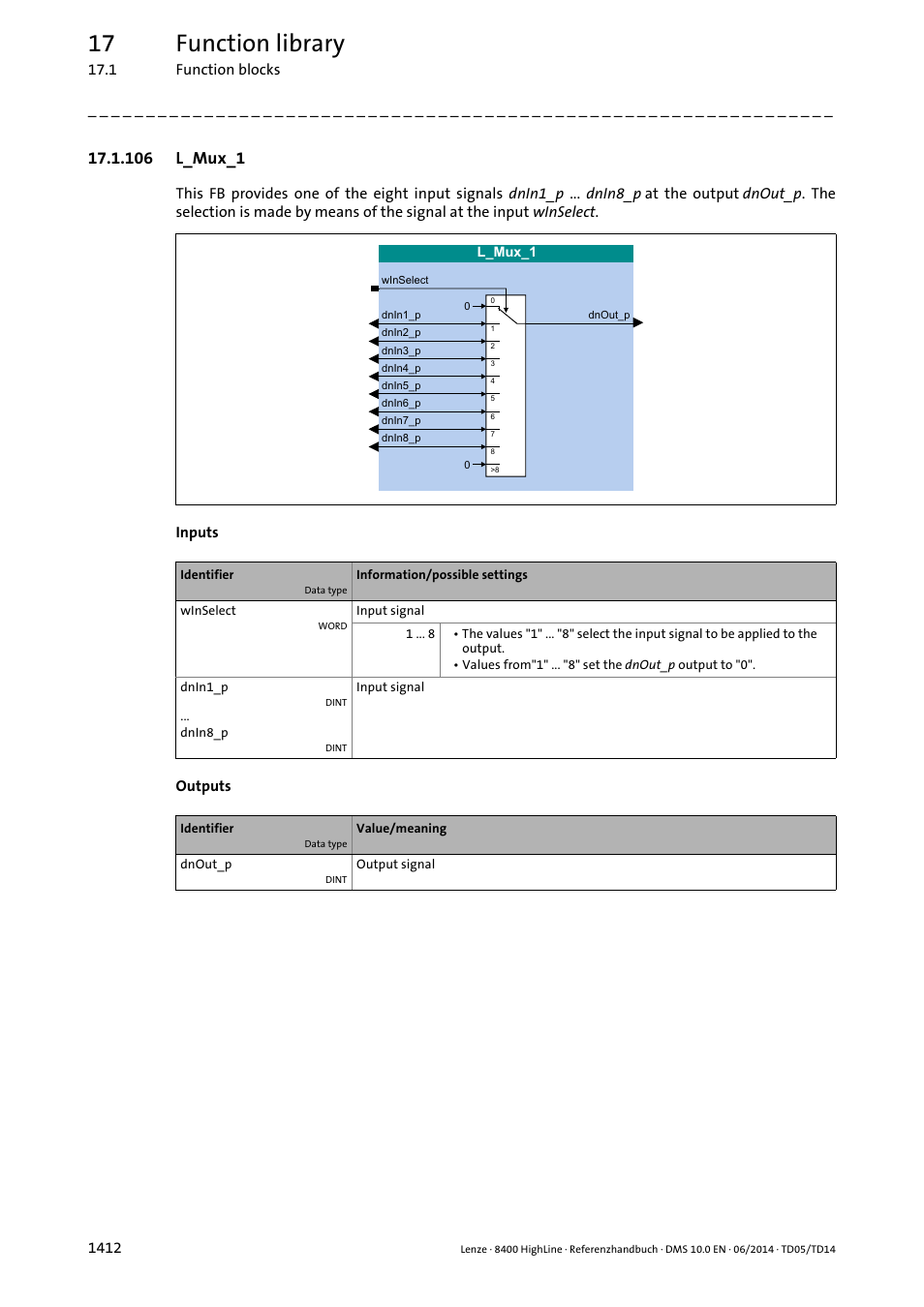 106 l_mux_1, 106 l_mux_1 2, L_mux_1 | 17 function library | Lenze 8400 HighLine User Manual | Page 1412 / 1576