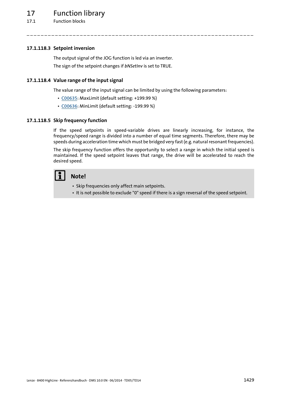 3 setpoint inversion, 4 value range of the input signal, 5 skip frequency function | 3 setpoint inversion 9, 4 value range of the input signal 9, 5 skip frequency function 9, 17 function library | Lenze 8400 HighLine User Manual | Page 1429 / 1576