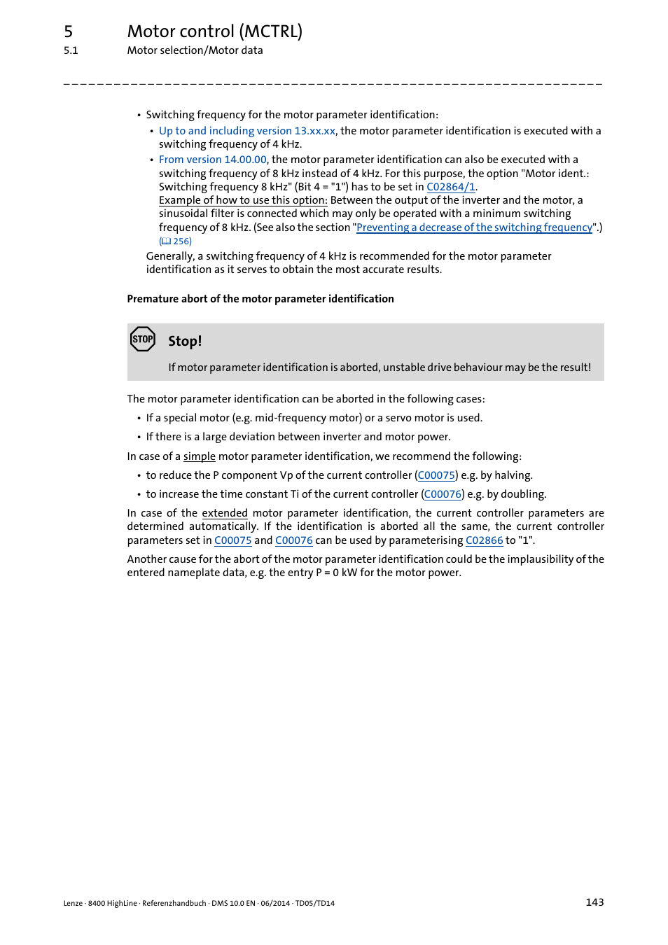 5motor control (mctrl), Stop | Lenze 8400 HighLine User Manual | Page 143 / 1576