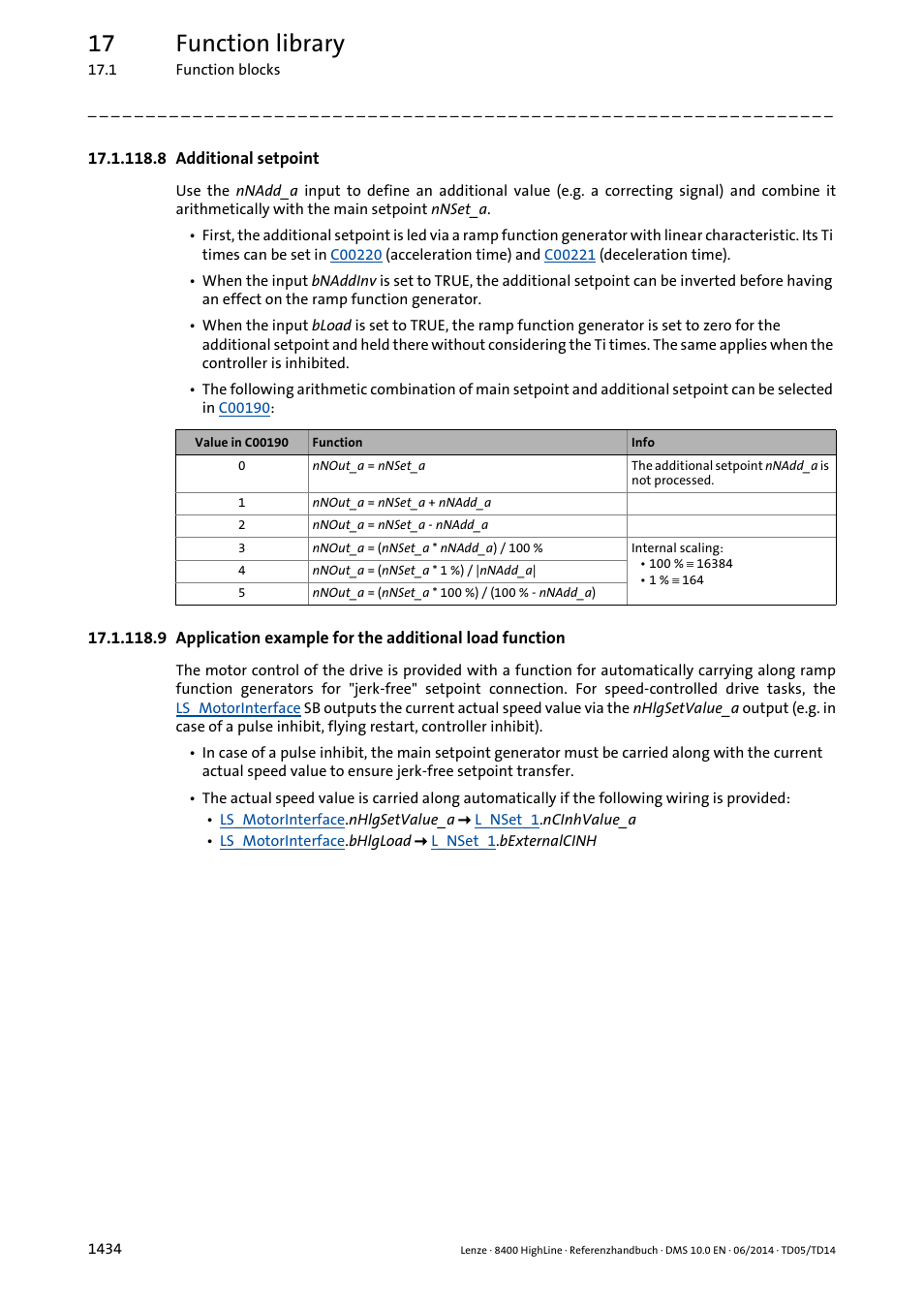 8 additional setpoint, 8 additional setpoint 4, 17 function library | Lenze 8400 HighLine User Manual | Page 1434 / 1576