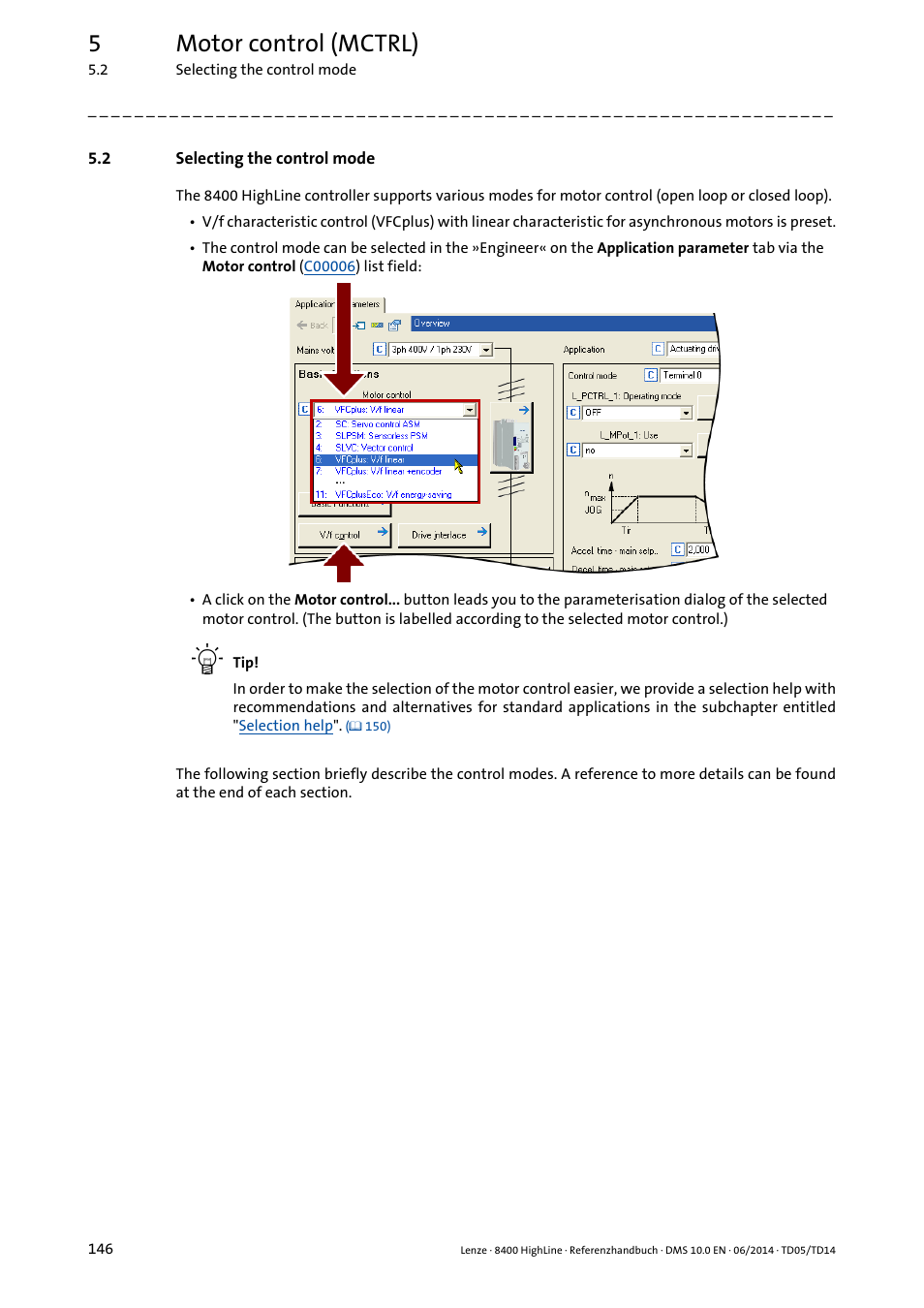 2 selecting the control mode, Selecting the control mode, 5motor control (mctrl) | Lenze 8400 HighLine User Manual | Page 146 / 1576
