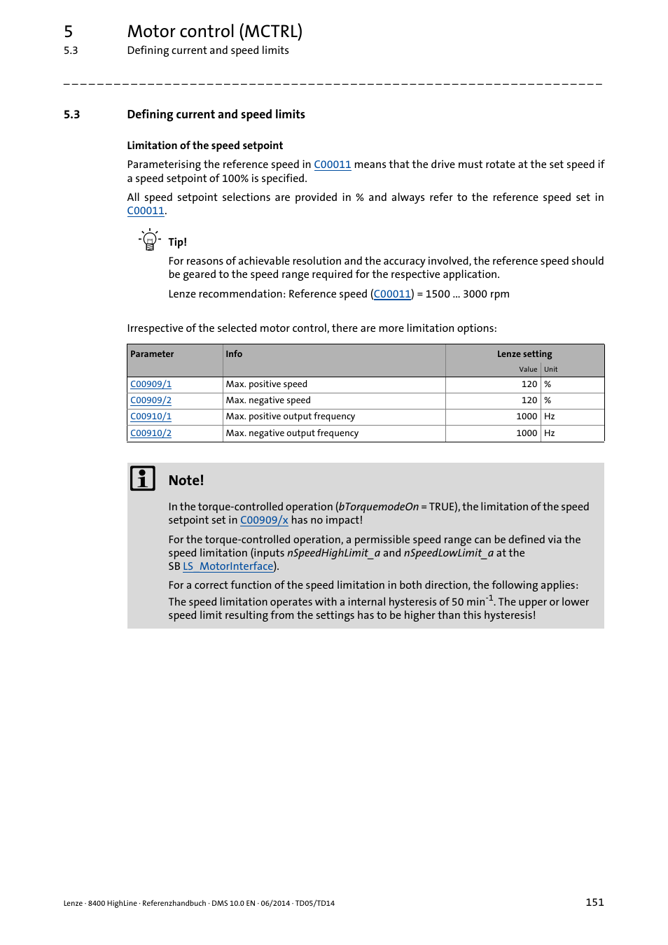 3 defining current and speed limits, Defining current and speed limits, 5motor control (mctrl) | Lenze 8400 HighLine User Manual | Page 151 / 1576