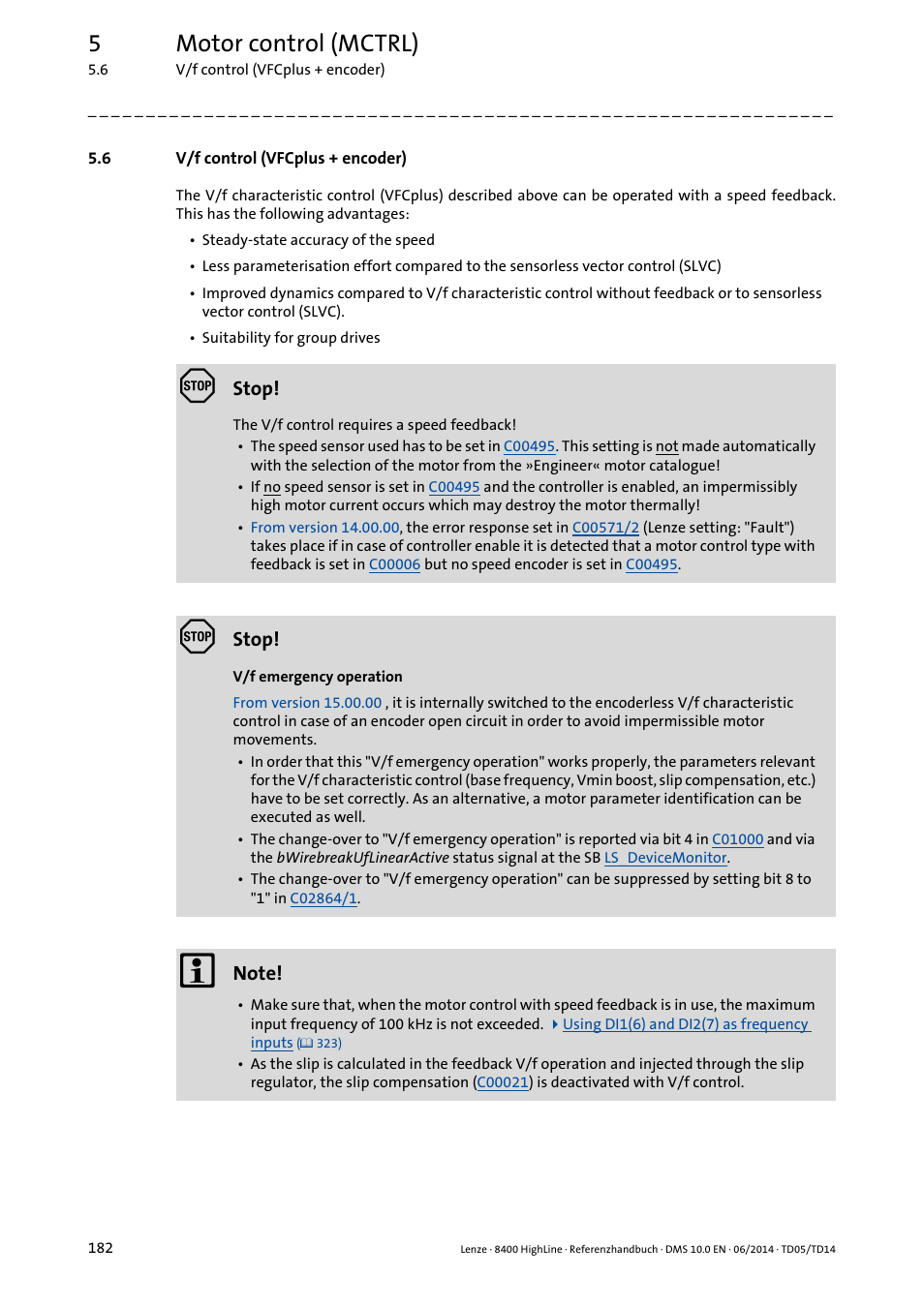 6 v/f control (vfcplus + encoder), V/f control (vfcplus + encoder), 5motor control (mctrl) | Lenze 8400 HighLine User Manual | Page 182 / 1576