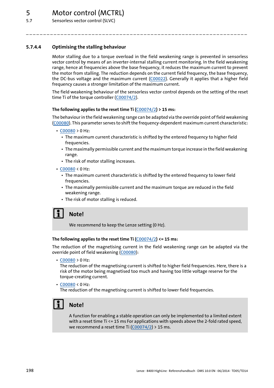 4 optimising the stalling behaviour, Optimising the stalling behaviour, 5motor control (mctrl) | Lenze 8400 HighLine User Manual | Page 198 / 1576