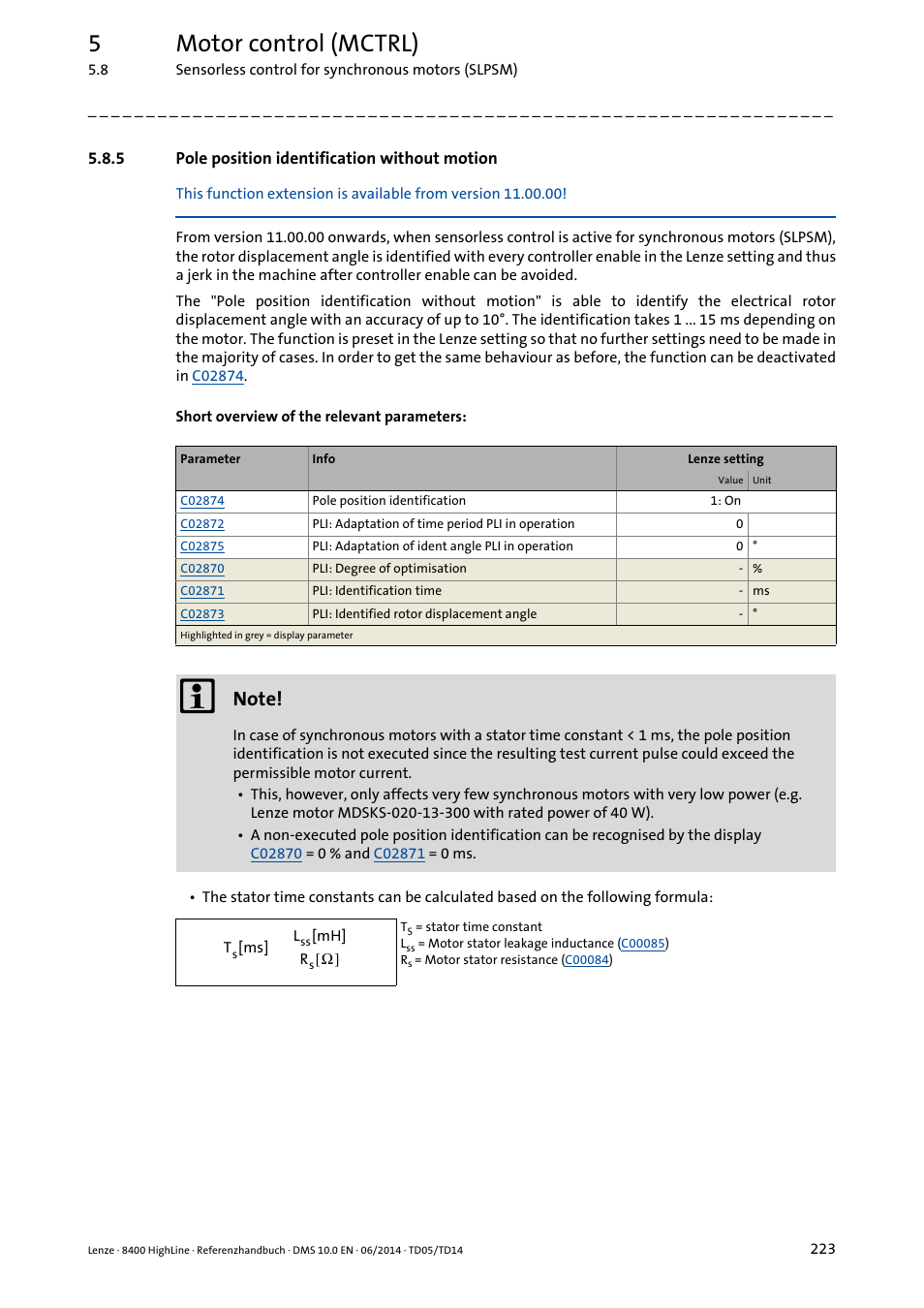 5 pole position identification without motion, Pole position identification without motion, Can be avoided | 5motor control (mctrl) | Lenze 8400 HighLine User Manual | Page 223 / 1576