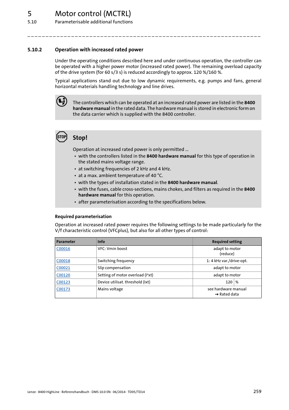 2 operation with increased rated power, Operation with increased rated power, 5motor control (mctrl) | Stop | Lenze 8400 HighLine User Manual | Page 259 / 1576