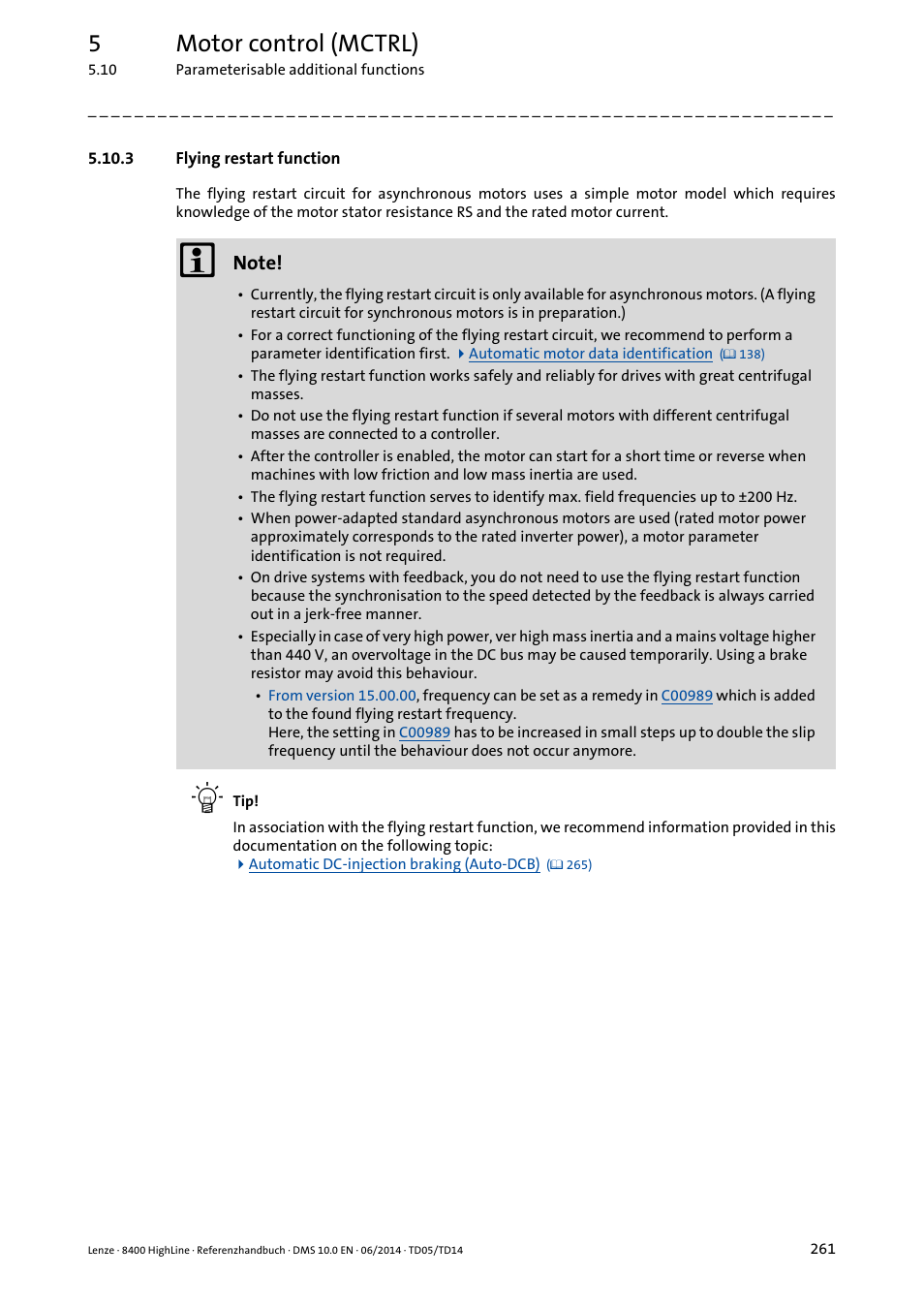 3 flying restart function, Flying restart function, Flying restart | Function, Ready rotating drive system, 5motor control (mctrl) | Lenze 8400 HighLine User Manual | Page 261 / 1576