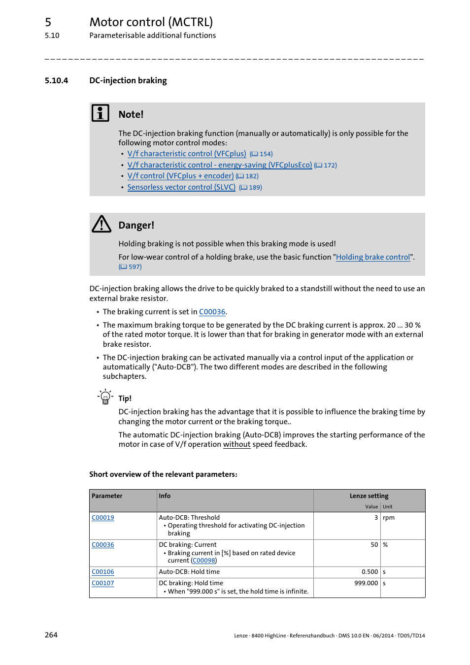 4 dc-injection braking, Dc-injection braking, 5motor control (mctrl) | Danger | Lenze 8400 HighLine User Manual | Page 264 / 1576