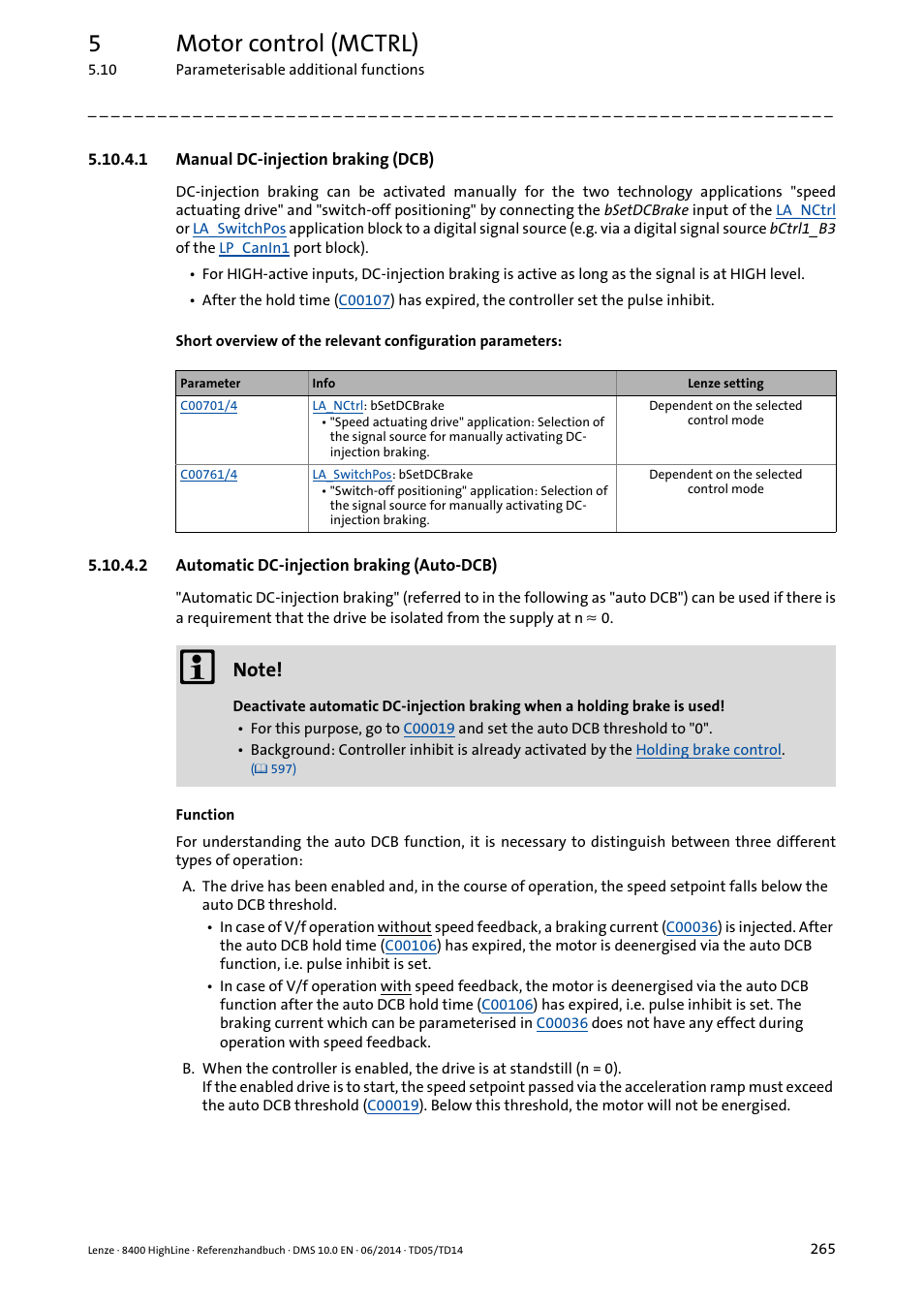 1 manual dc-injection braking (dcb), 2 automatic dc-injection braking (auto-dcb), Manual dc-injection braking (dcb) | Automatic dc-injection braking (auto-dcb), 5motor control (mctrl) | Lenze 8400 HighLine User Manual | Page 265 / 1576