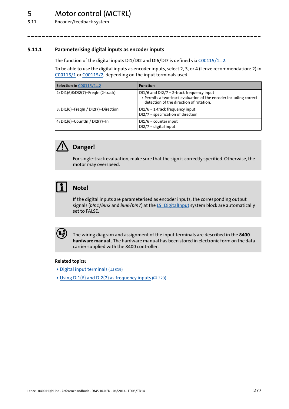 1 parameterising digital inputs as encoder inputs, Parameterising digital inputs as encoder inputs, 5motor control (mctrl) | Lenze 8400 HighLine User Manual | Page 277 / 1576