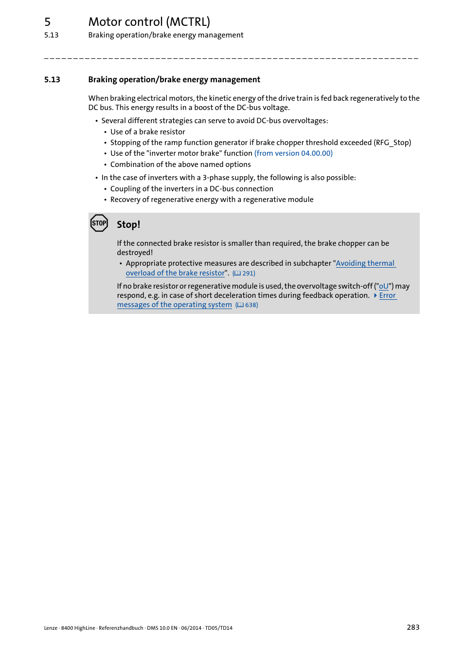 13 braking operation/brake energy management, Braking operation/brake energy management, 5motor control (mctrl) | Lenze 8400 HighLine User Manual | Page 283 / 1576