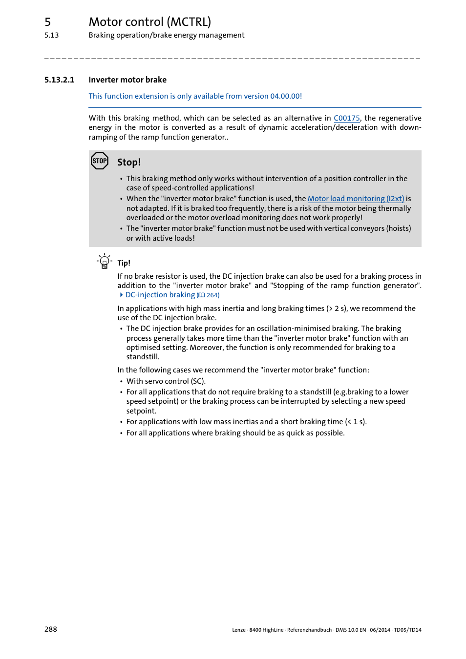 1 inverter motor brake, Inverter motor brake, 5motor control (mctrl) | Lenze 8400 HighLine User Manual | Page 288 / 1576