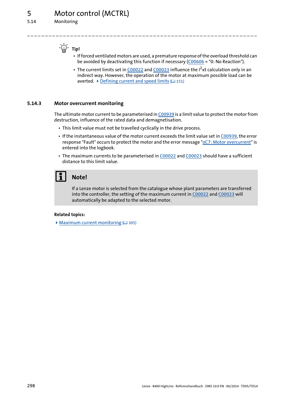 3 motor overcurrent monitoring, Motor overcurrent monitoring, 5motor control (mctrl) | Lenze 8400 HighLine User Manual | Page 298 / 1576