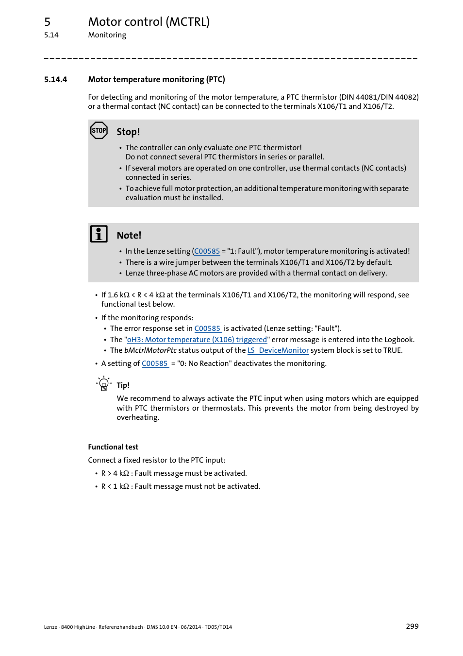 4 motor temperature monitoring (ptc), Motor temperature monitoring (ptc), Motor | Temperature monitoring (ptc), 5motor control (mctrl) | Lenze 8400 HighLine User Manual | Page 299 / 1576