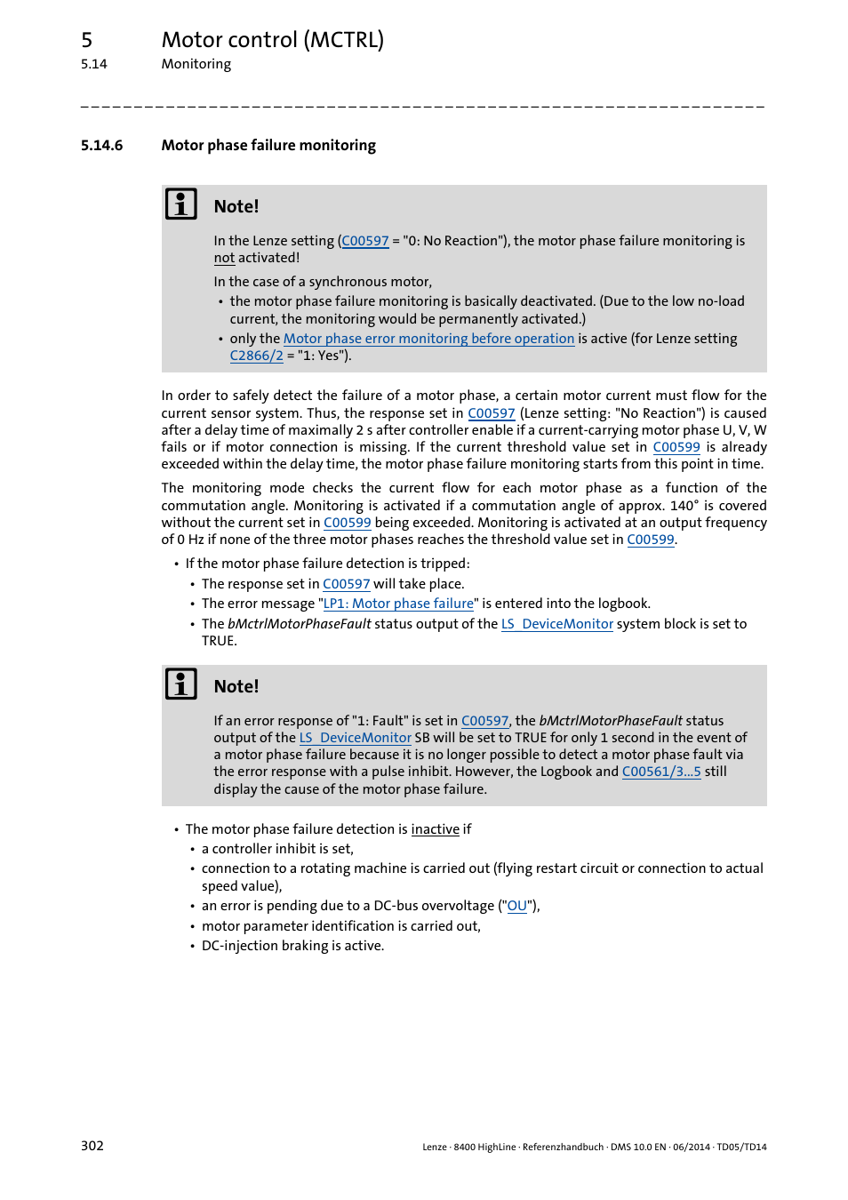 6 motor phase failure monitoring, Motor phase failure monitoring, 5motor control (mctrl) | Lenze 8400 HighLine User Manual | Page 302 / 1576