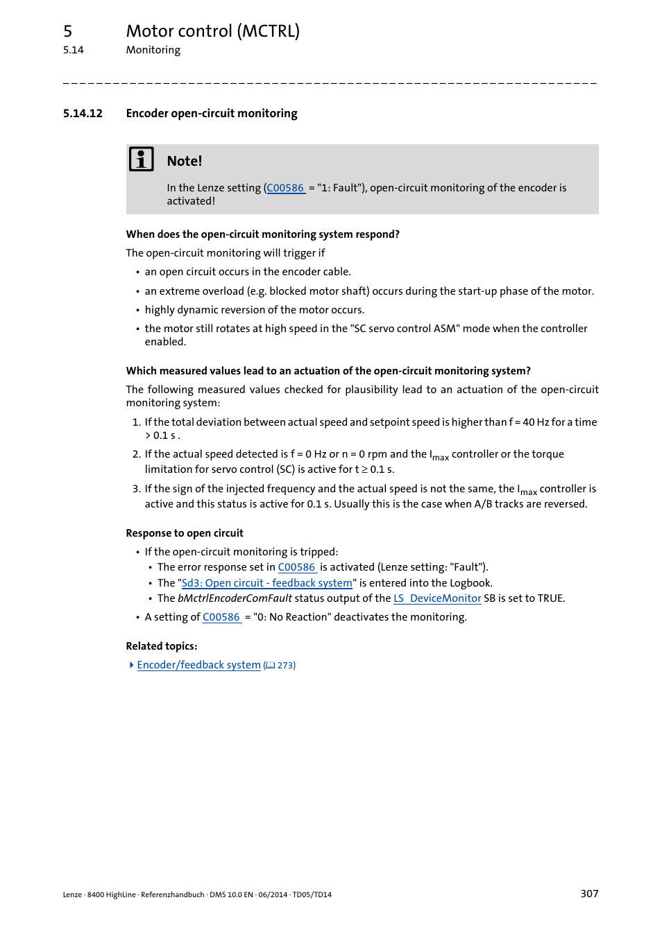 12 encoder open-circuit monitoring, Activated, Encoder open-circuit monitoring | Encoder open-circuit monitoring ( 307), 5motor control (mctrl) | Lenze 8400 HighLine User Manual | Page 307 / 1576