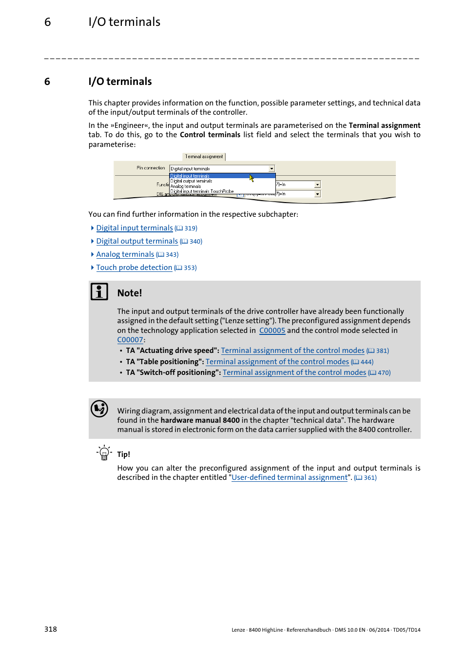 6 i/o terminals, Terminals, 6i/o terminals | Lenze 8400 HighLine User Manual | Page 318 / 1576