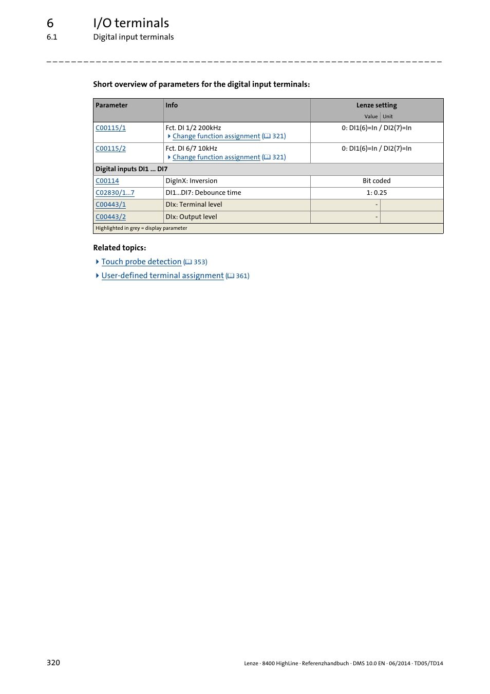 6i/o terminals | Lenze 8400 HighLine User Manual | Page 320 / 1576