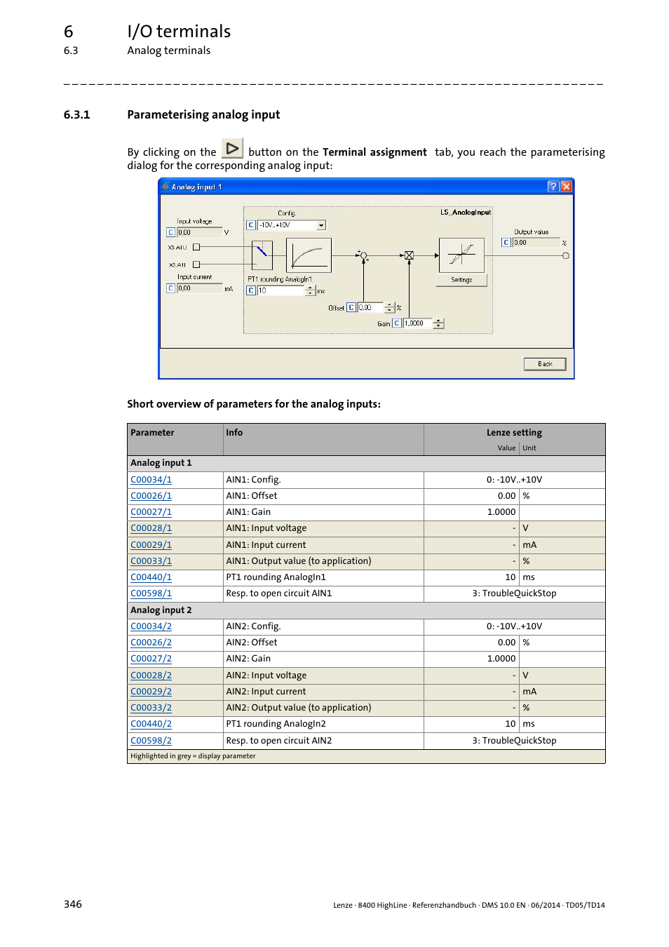 1 parameterising analog input, Parameterising analog input, Parameterising analog input ( 346) | 6i/o terminals | Lenze 8400 HighLine User Manual | Page 346 / 1576