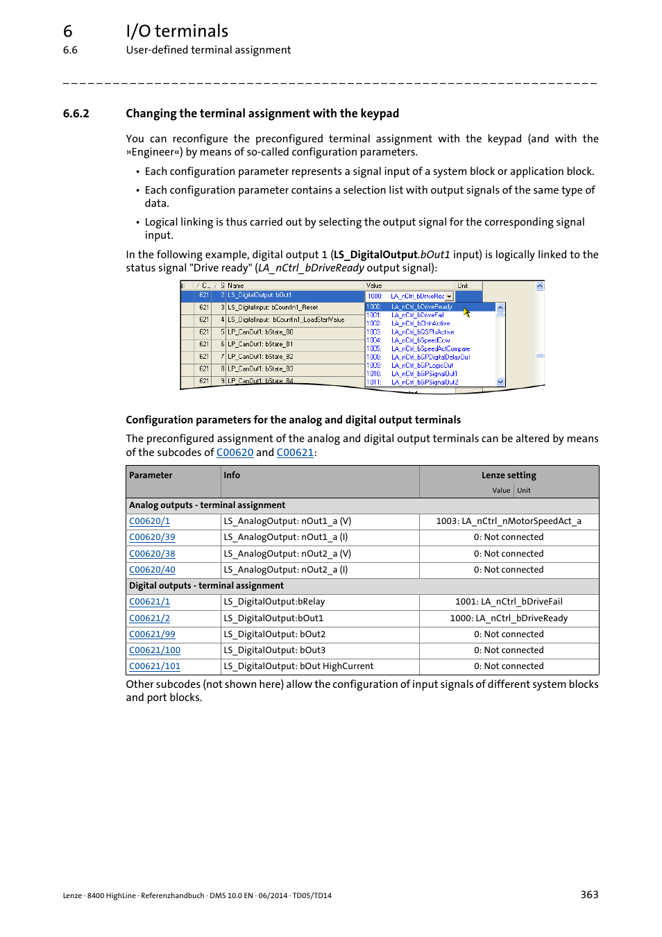 2 changing the terminal assignment with the keypad, Changing the terminal assignment with the keypad, 6i/o terminals | Lenze 8400 HighLine User Manual | Page 363 / 1576