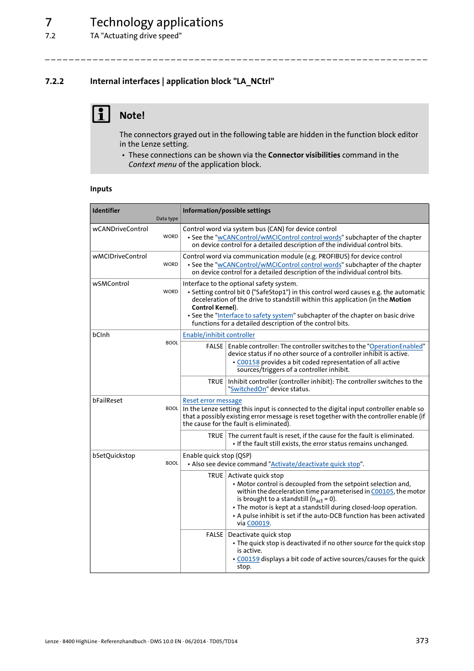 Internal interfaces | application block "la_nctrl, La_nctrl, Bset | 7technology applications | Lenze 8400 HighLine User Manual | Page 373 / 1576