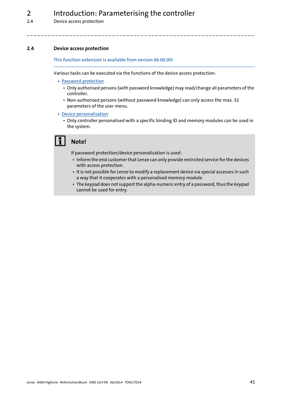 4 device access protection, Device access protection, 2introduction: parameterising the controller | Lenze 8400 HighLine User Manual | Page 41 / 1576