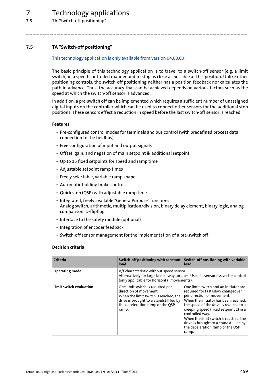 5 ta "switch-off positioning, Ta "switch-off positioning, 7technology applications | Lenze 8400 HighLine User Manual | Page 459 / 1576