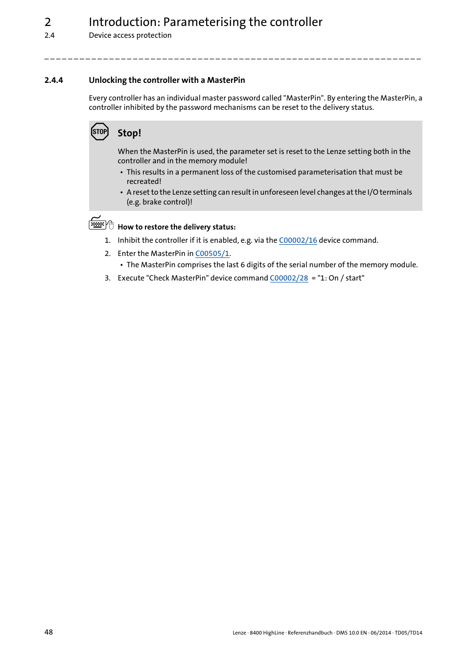 4 unlocking the controller with a masterpin, Unlocking the controller with a masterpin, 2introduction: parameterising the controller | Lenze 8400 HighLine User Manual | Page 48 / 1576