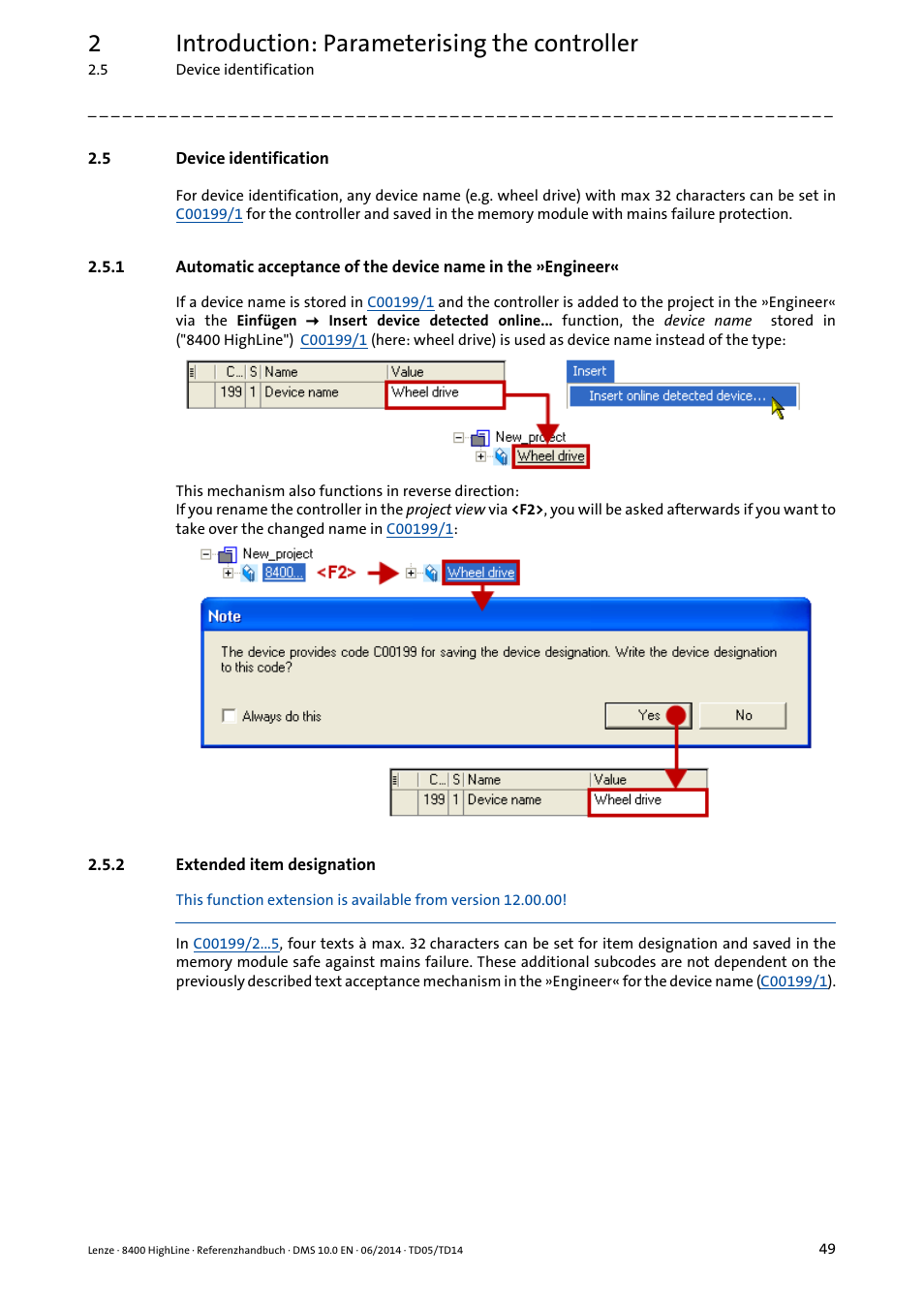 5 device identification, 2 extended item designation, Device identification | Extended item designation, 2introduction: parameterising the controller | Lenze 8400 HighLine User Manual | Page 49 / 1576