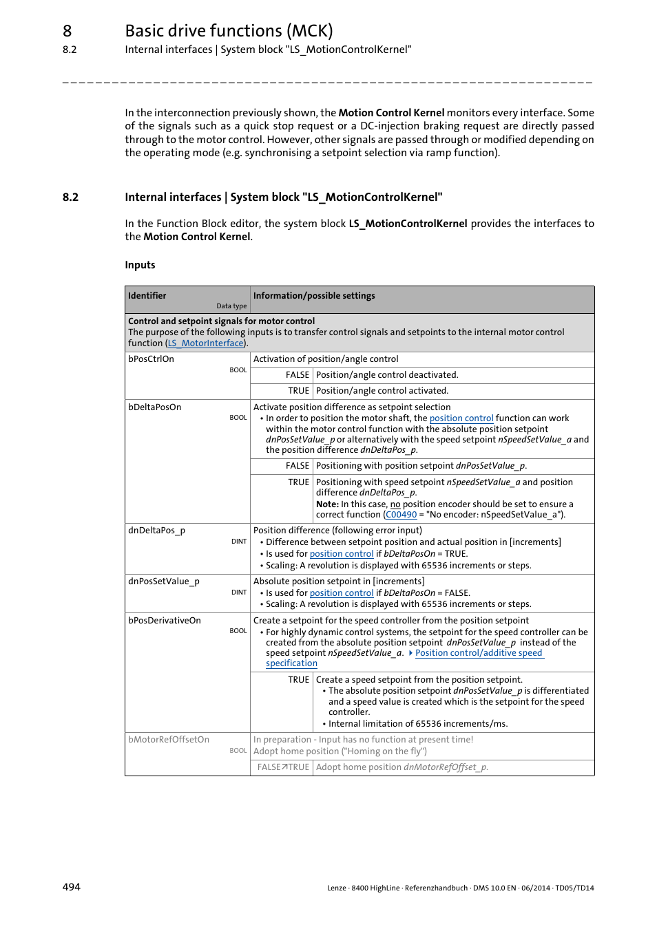 Block, Ls_motioncontrolkernel, 8basic drive functions (mck) | Lenze 8400 HighLine User Manual | Page 494 / 1576