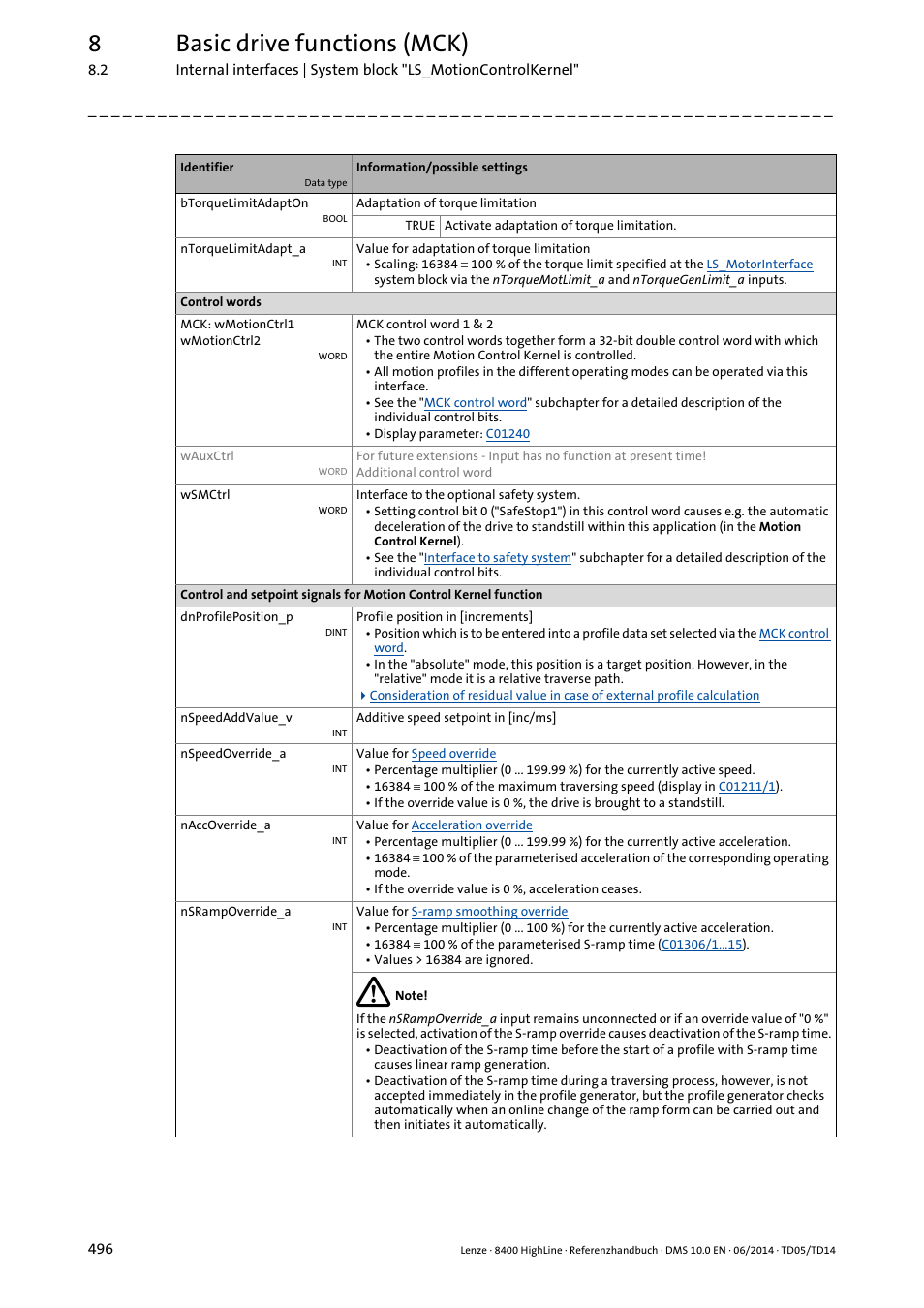 8basic drive functions (mck) | Lenze 8400 HighLine User Manual | Page 496 / 1576