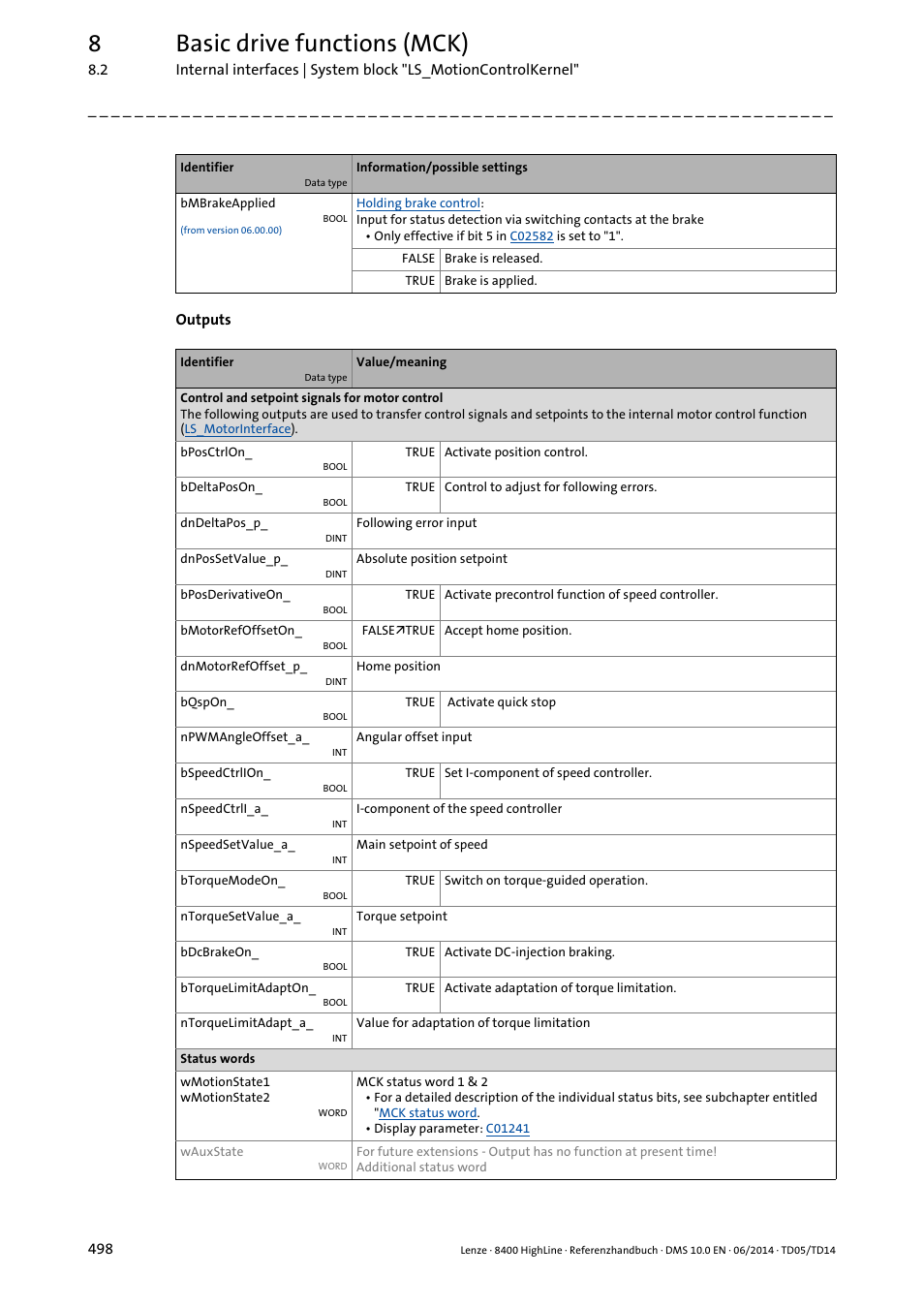 8basic drive functions (mck) | Lenze 8400 HighLine User Manual | Page 498 / 1576