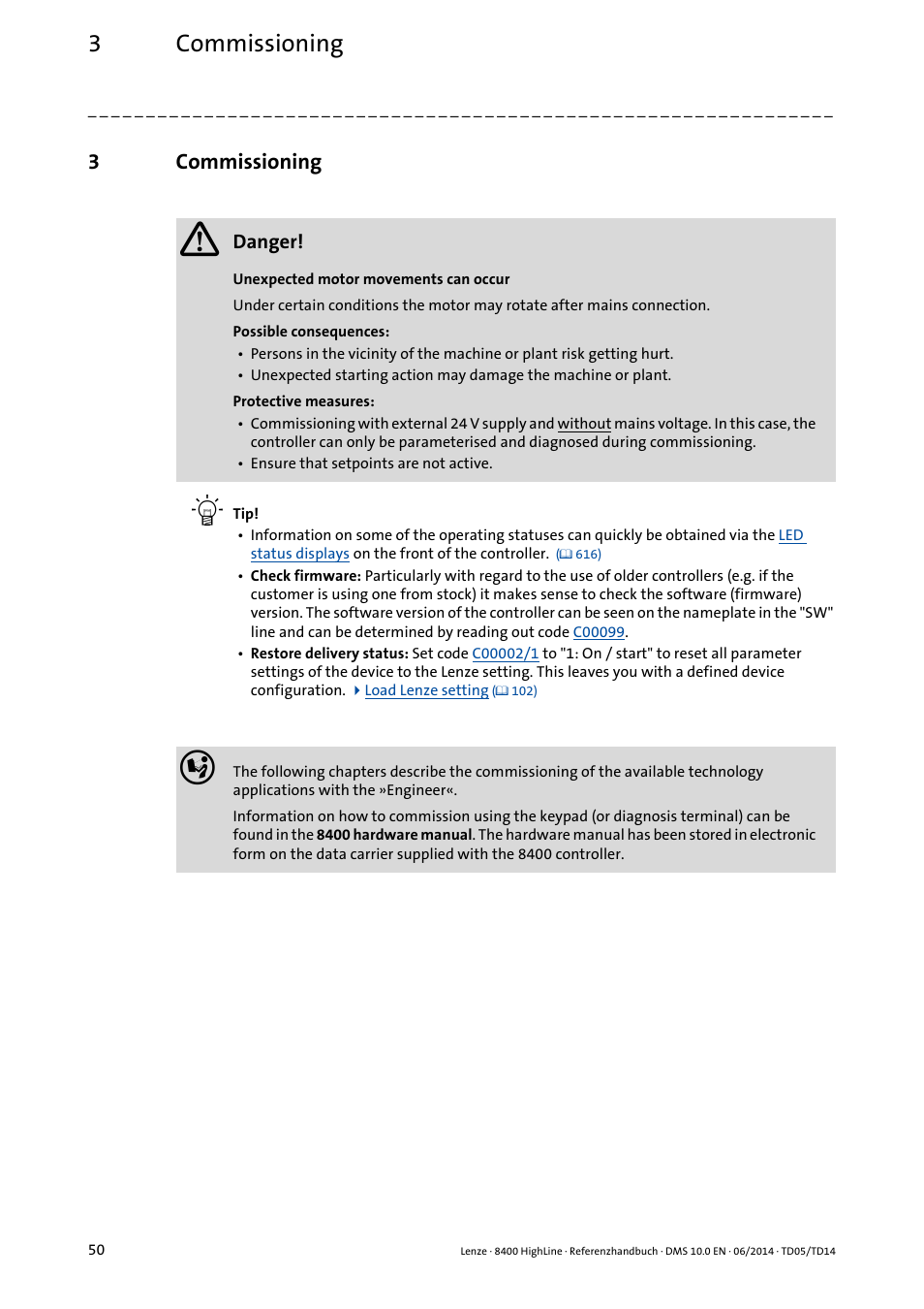 3 commissioning, Commissioning, 3commissioning | Lenze 8400 HighLine User Manual | Page 50 / 1576