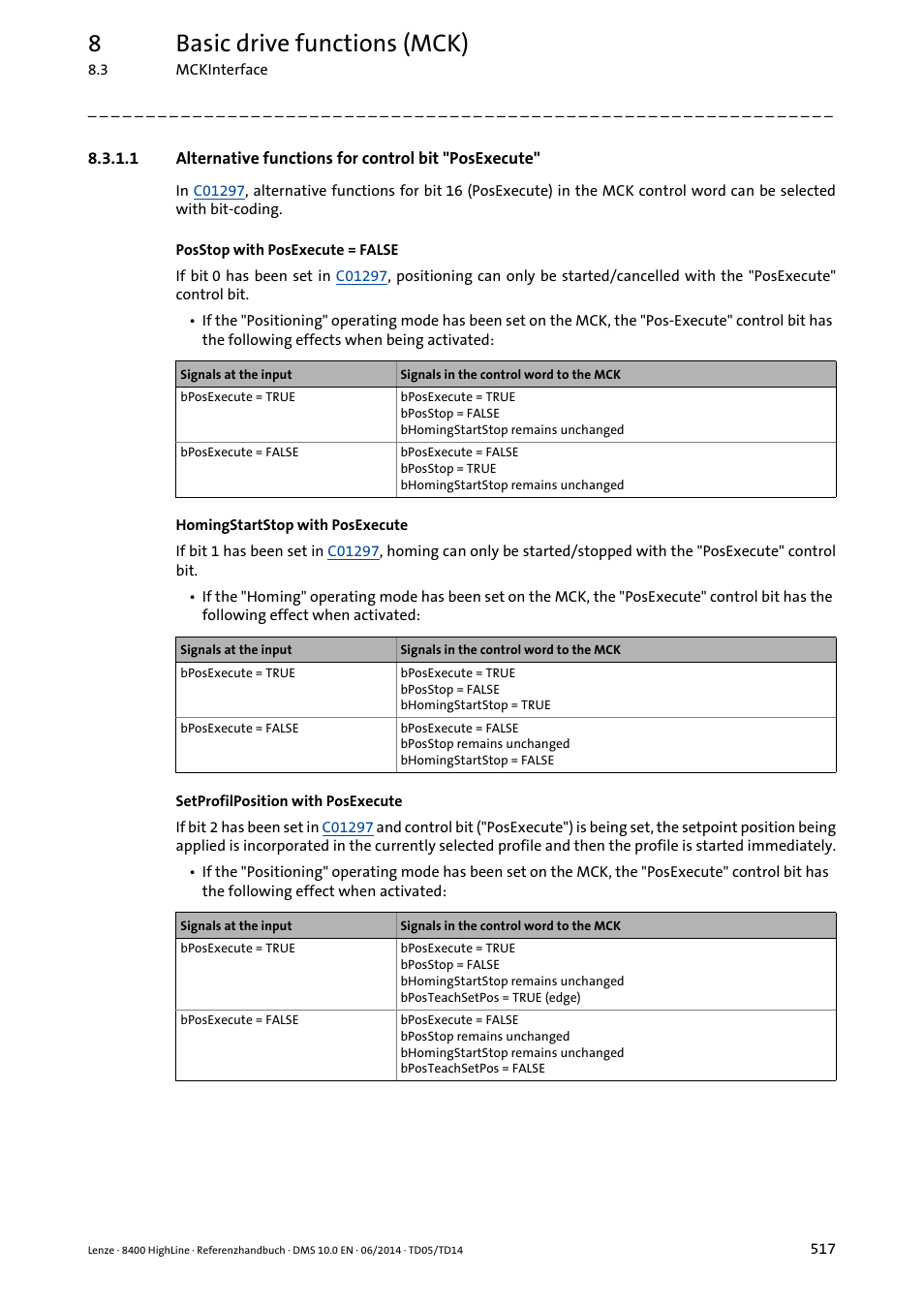 Alternative functions for control bit "posexecute, 8basic drive functions (mck) | Lenze 8400 HighLine User Manual | Page 517 / 1576