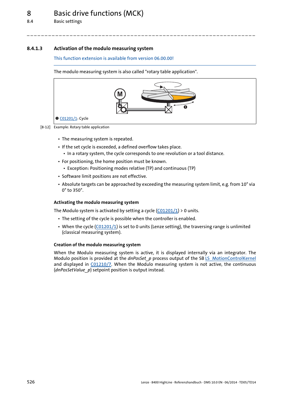 3 activation of the modulo measuring system, Activation of the modulo measuring system, 8basic drive functions (mck) | Lenze 8400 HighLine User Manual | Page 526 / 1576