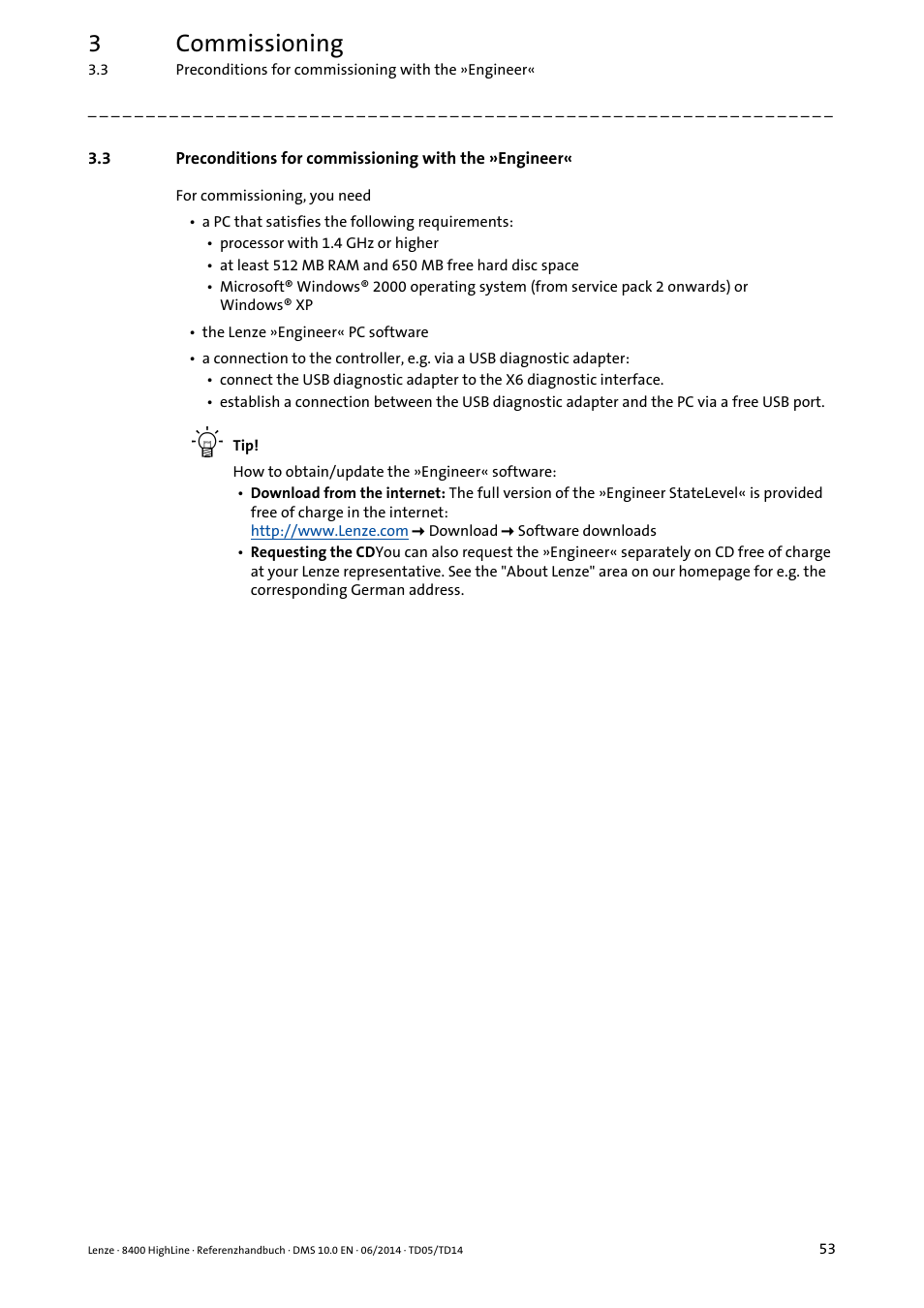 Preconditions for commissioning with the »engineer, 3commissioning | Lenze 8400 HighLine User Manual | Page 53 / 1576