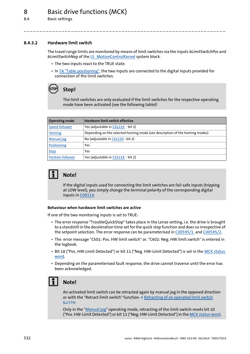 2 hardware limit switch, Hardware limit switch, Negativ | 8basic drive functions (mck), Stop | Lenze 8400 HighLine User Manual | Page 532 / 1576