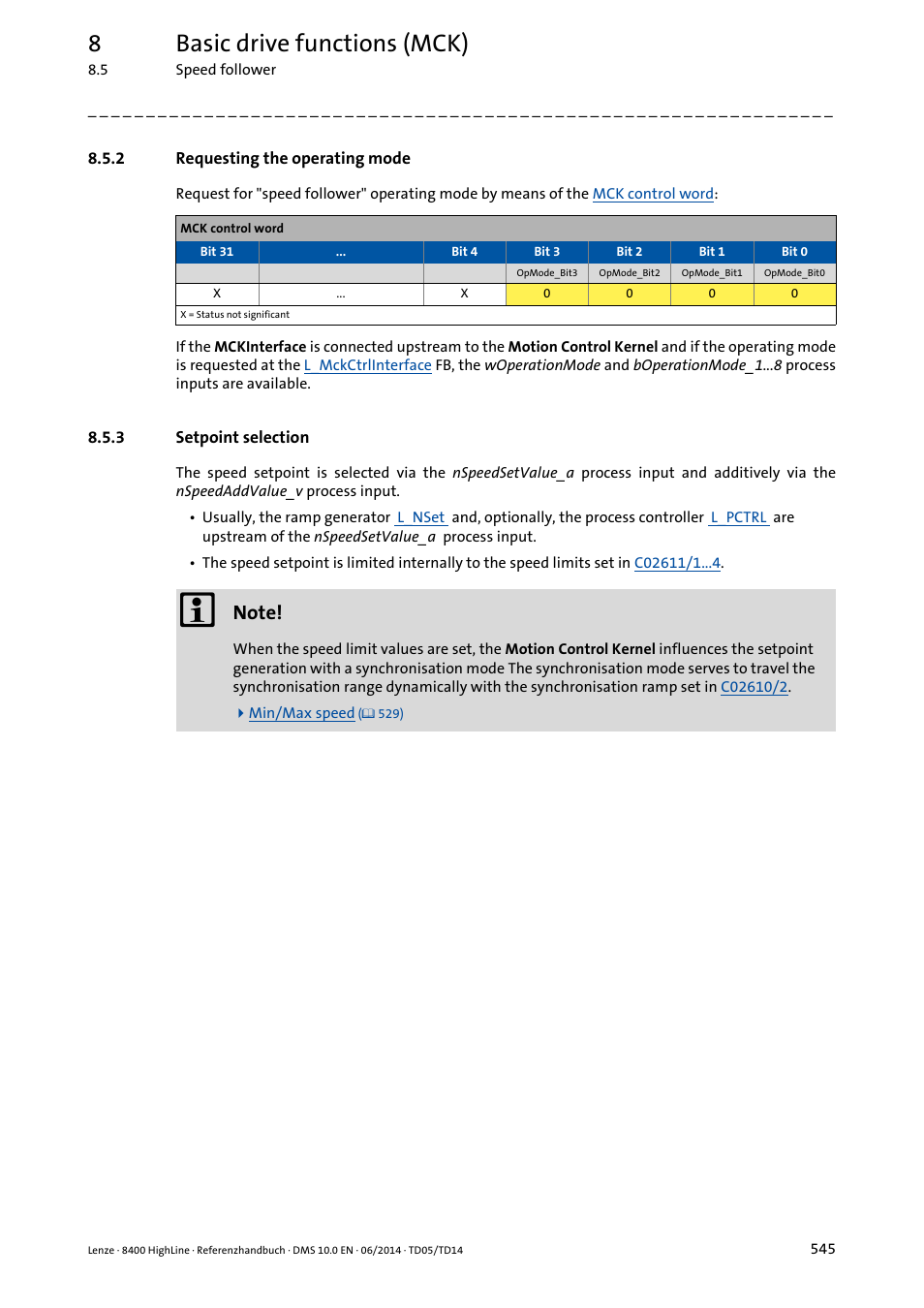 2 requesting the operating mode, 3 setpoint selection, Requesting the operating mode | Setpoint selection, 8basic drive functions (mck) | Lenze 8400 HighLine User Manual | Page 545 / 1576