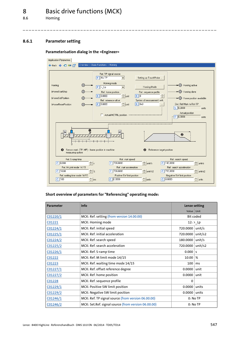 1 parameter setting, Parameter setting, 8basic drive functions (mck) | Lenze 8400 HighLine User Manual | Page 547 / 1576