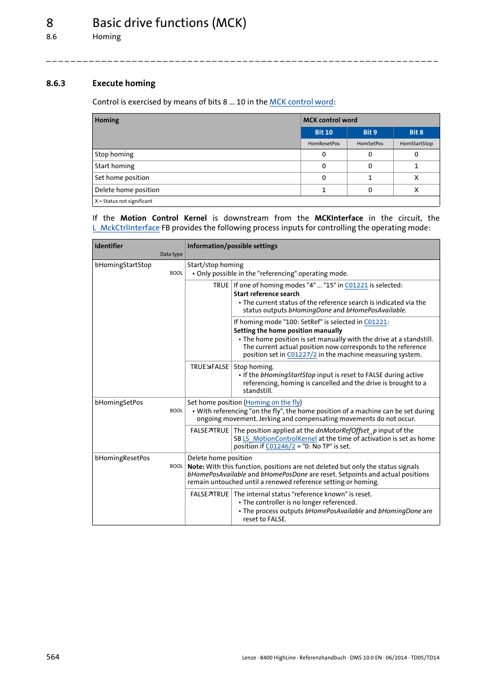 3 execute homing, Execute homing, 8basic drive functions (mck) | Lenze 8400 HighLine User Manual | Page 564 / 1576