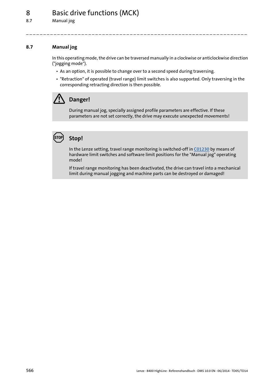 7 manual jog, Manual jog, Manual jog ( 566) | Perating mode, Mode is left, 8basic drive functions (mck) | Lenze 8400 HighLine User Manual | Page 566 / 1576