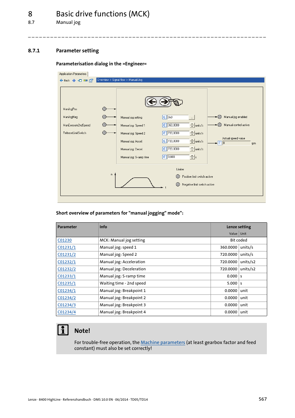 1 parameter setting, Parameter setting, 8basic drive functions (mck) | Lenze 8400 HighLine User Manual | Page 567 / 1576