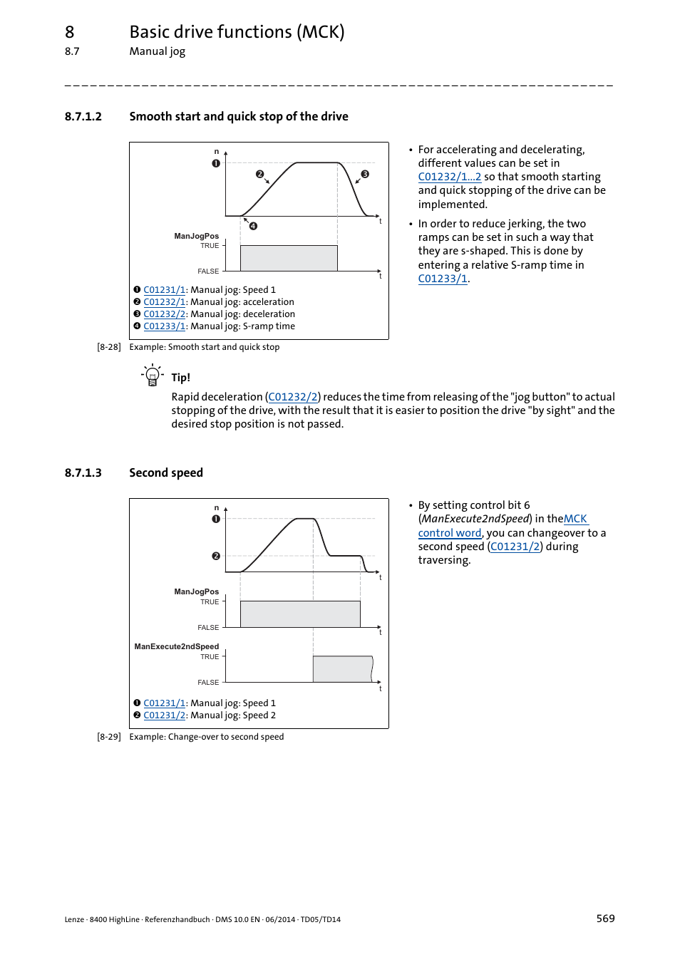 2 smooth start and quick stop of the drive, 3 second speed, Smooth start and quick stop of the drive | Second speed, 8basic drive functions (mck) | Lenze 8400 HighLine User Manual | Page 569 / 1576