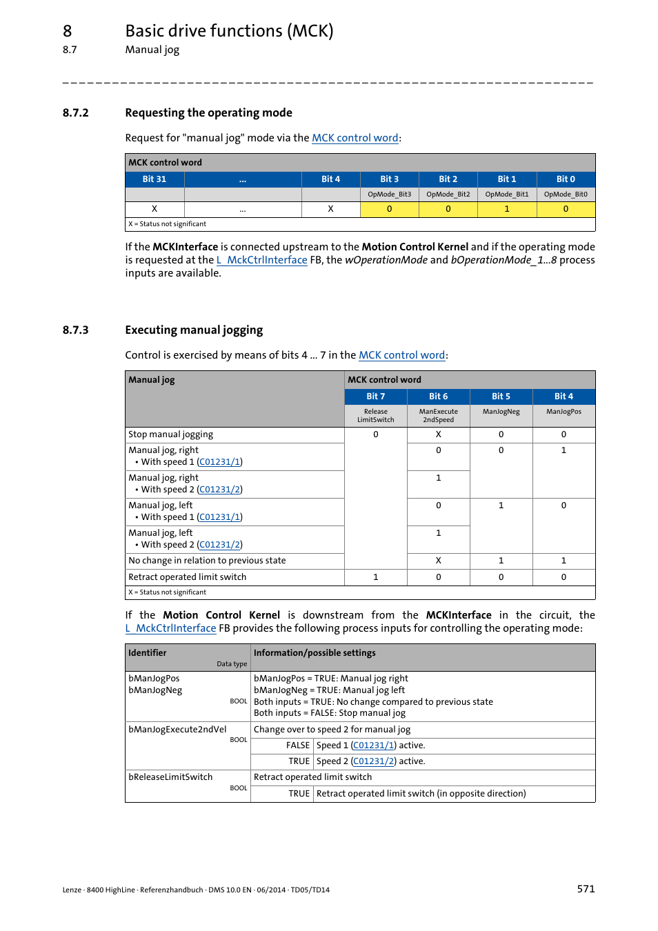 2 requesting the operating mode, 3 executing manual jogging, Requesting the operating mode | Executing manual jogging, 8basic drive functions (mck) | Lenze 8400 HighLine User Manual | Page 571 / 1576