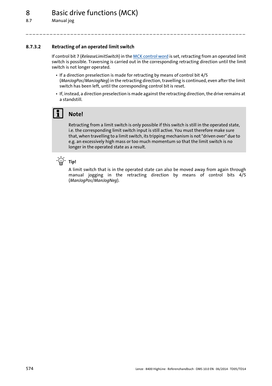 2 retracting of an operated limit switch, Retracting of an operated limit switch, Ch" function | 8basic drive functions (mck) | Lenze 8400 HighLine User Manual | Page 574 / 1576