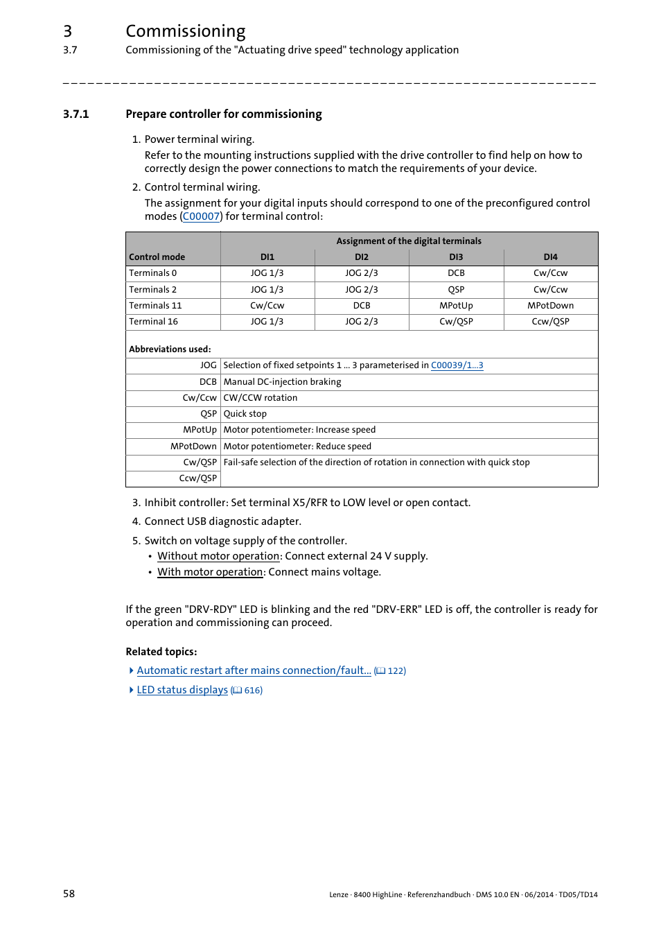 1 prepare controller for commissioning, Prepare controller for commissioning, 3commissioning | Lenze 8400 HighLine User Manual | Page 58 / 1576