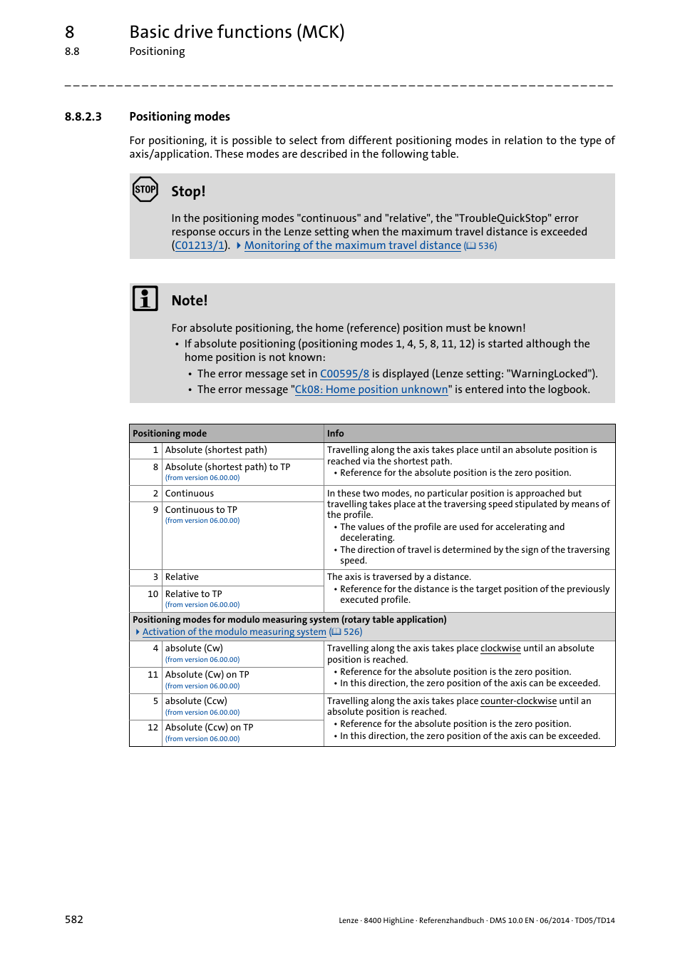 3 positioning modes, Positioning modes, Positioning modes ( 582) | 8basic drive functions (mck), Stop | Lenze 8400 HighLine User Manual | Page 582 / 1576