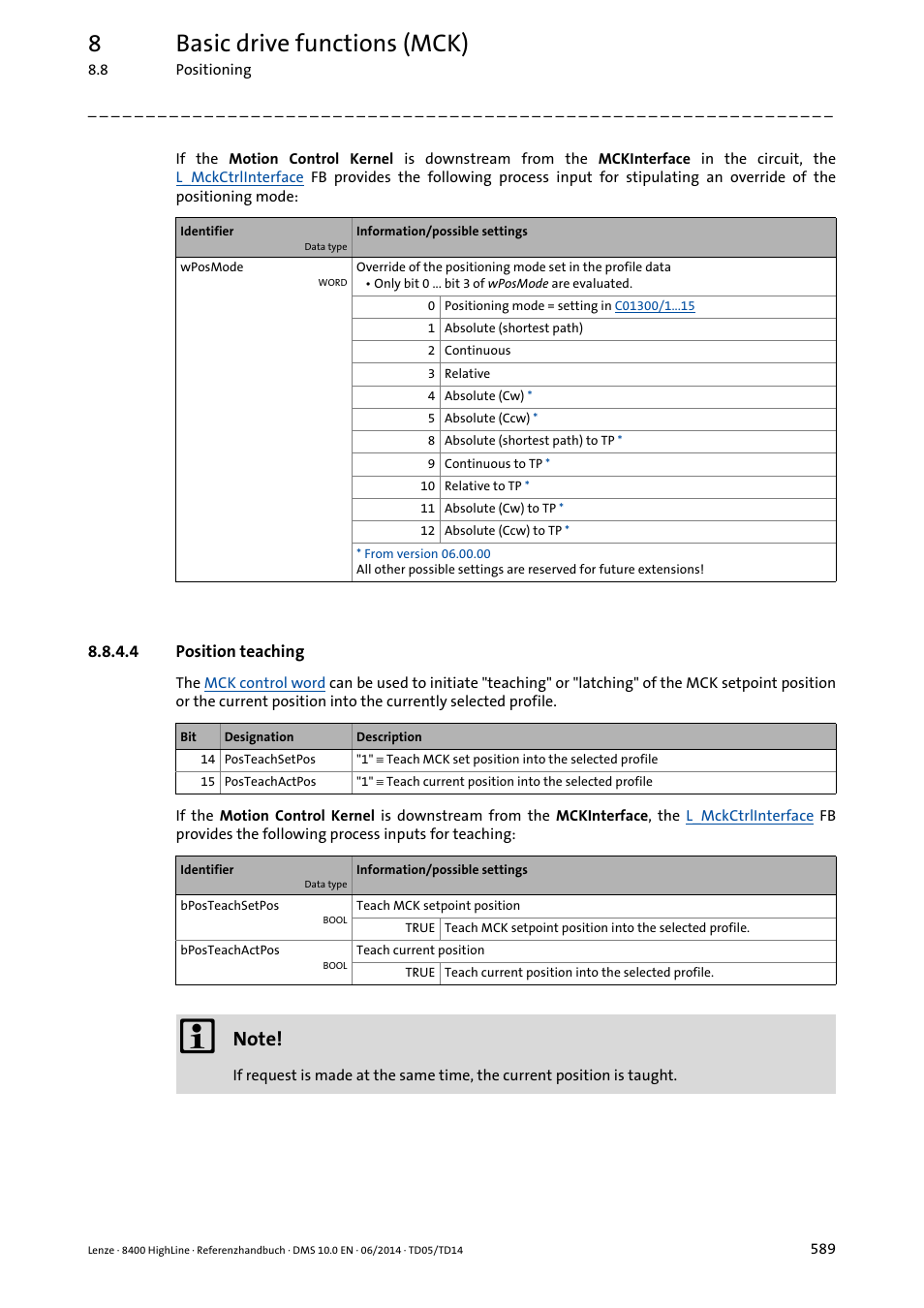 4 position teaching, Position teaching, 8basic drive functions (mck) | Lenze 8400 HighLine User Manual | Page 589 / 1576